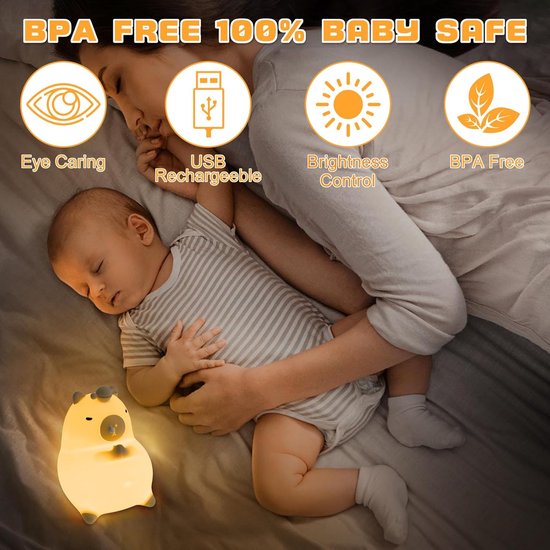 Capybara Nachtlamp - Kind Verlichting - Slaapkamer Decoratie - Oplaadbaar USB - 10x10x10 cm - Meerkleurig — afbeelding 3