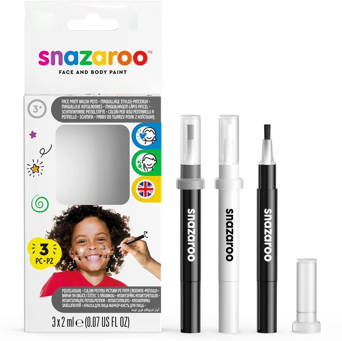 Snazaroo 1180156 Brush Pen Set Zwart Wit 3 Stuks – Face Paint Stiften voor Details & Contouren – Direct Gebruiksklaar