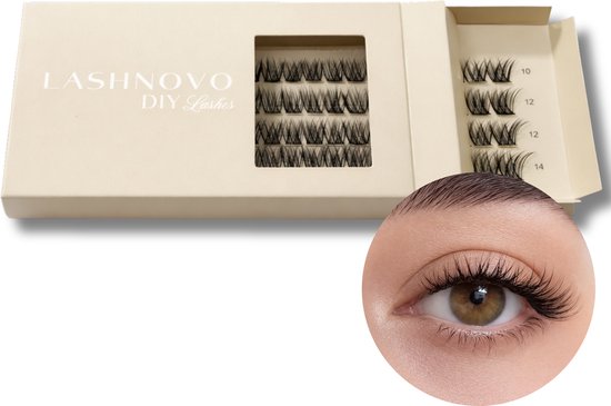 Lashnovo DIY wimperextensions in een beige doosje met zichtvenster en een inset van een oog met de wimpers gedragen.