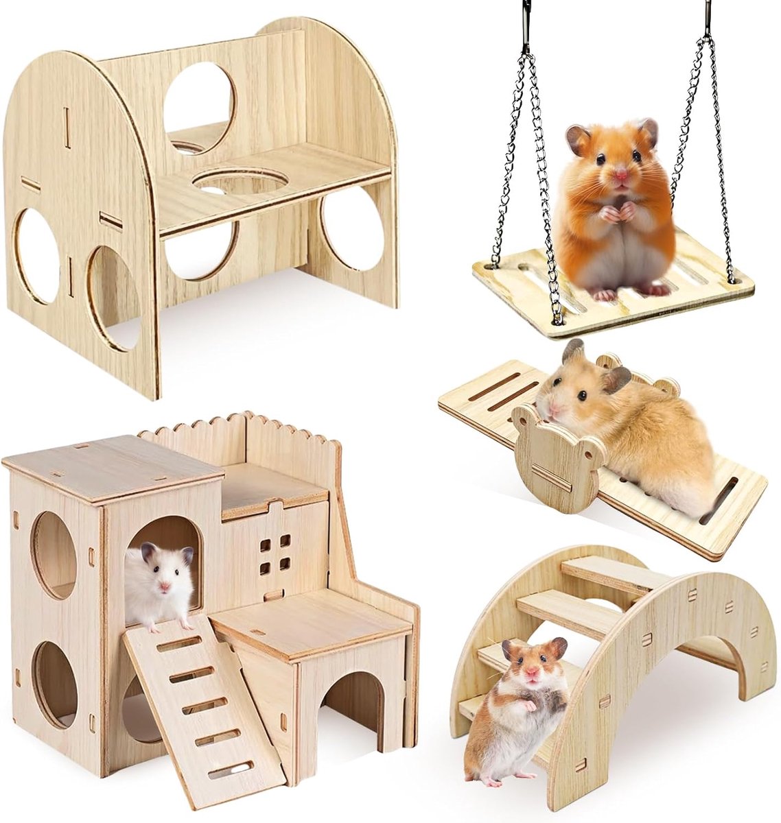 Hamster Speelgoed Set - Knaagdier Accessoires - Actieve Speeltuin - Natuurlijk Hout - 22x21x5 cm - Houtkleur