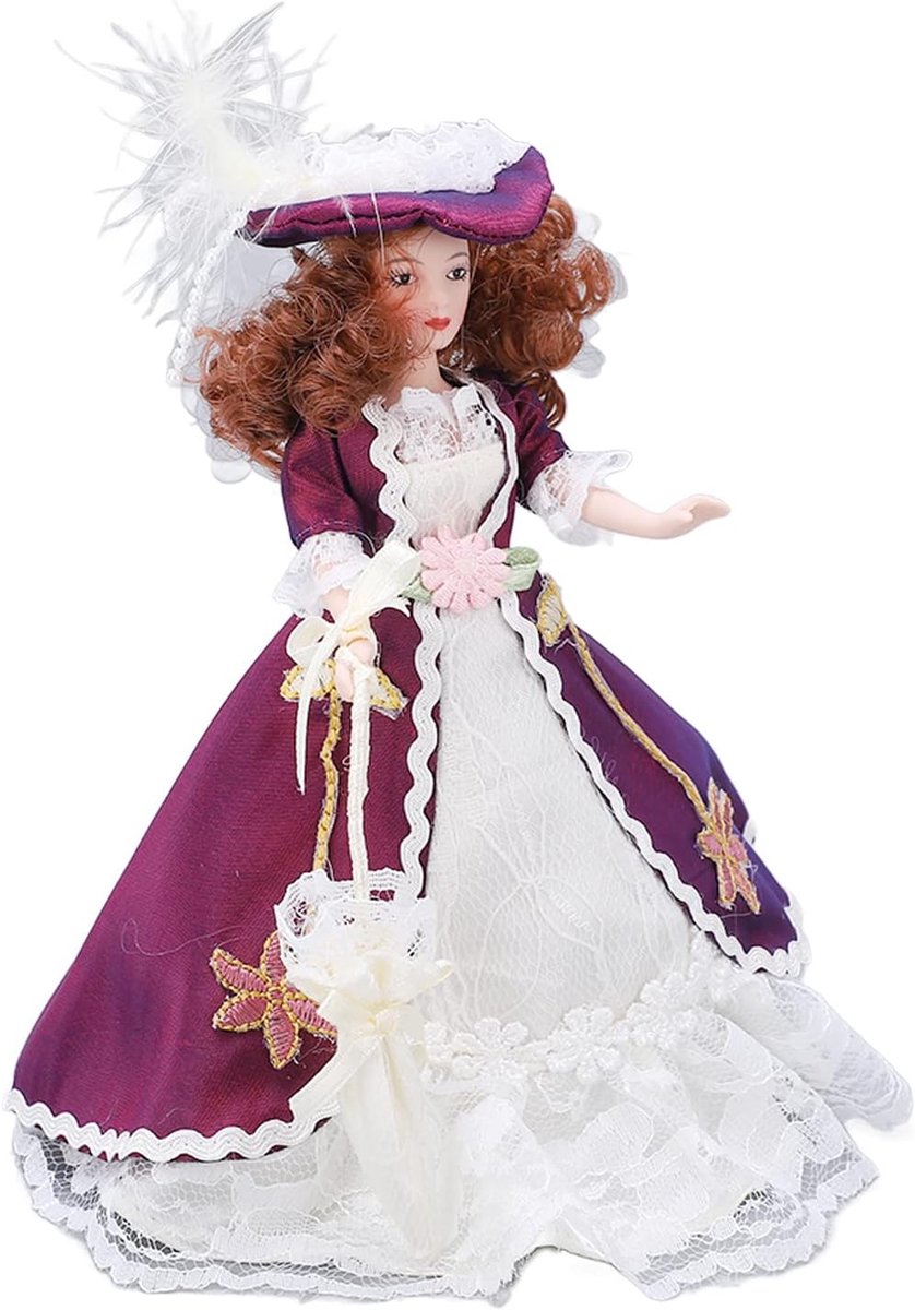 Miniatuur Porseleinen Pop - Victoriaanse Figuur - Poppenhuis Decoratie - Beweegbare Ledematen - 18x6x5 cm - Donkerpaars