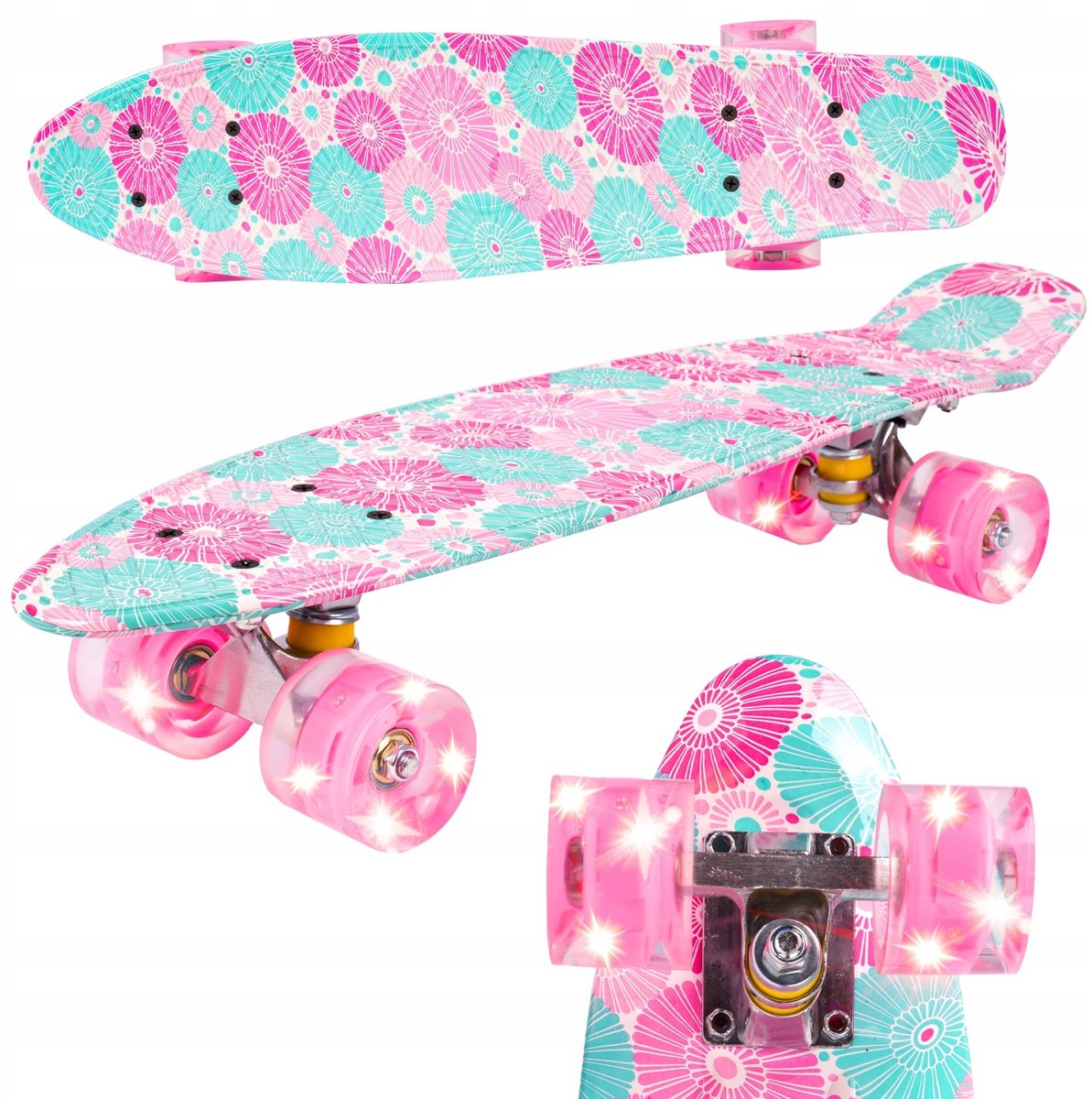 Playos® Pennyboard met LED Wielen – Bloemen tot 100 kg 56 cm Antislip Skateboard Skaten Buitenspeelgoed Roze