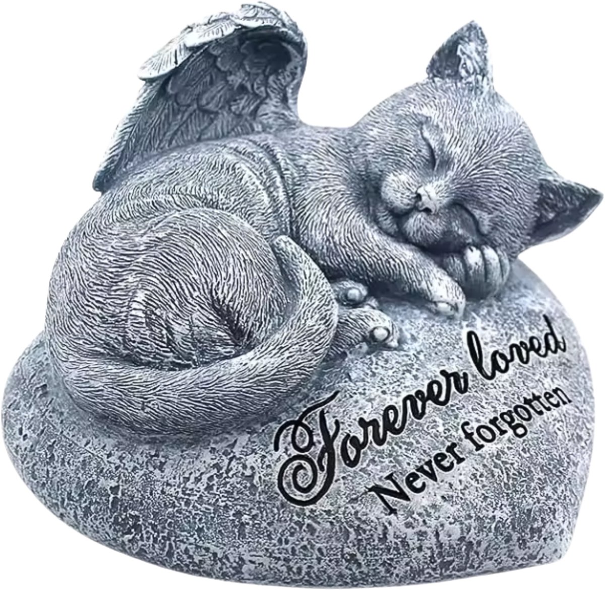 Janse® Poezenbeeld met vleugels op hart - Slapende poes grijs - Standbeeld polyresin - Herdenkingsbeeld - Grafdecoratie - Tuinbeeld poes - Kat met engelen vleugels - Tuindecoratie - Altaar decoratie