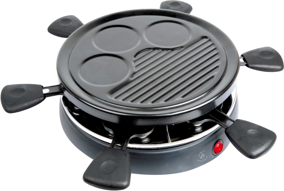 Royal Swiss® Raclette Grill 6 Personen – 800W – 6 Pannetjes – Antiaanbak – Rond Model – Multifunctionele Tafelgrill – BBQ & Eierplaat – Familie Set