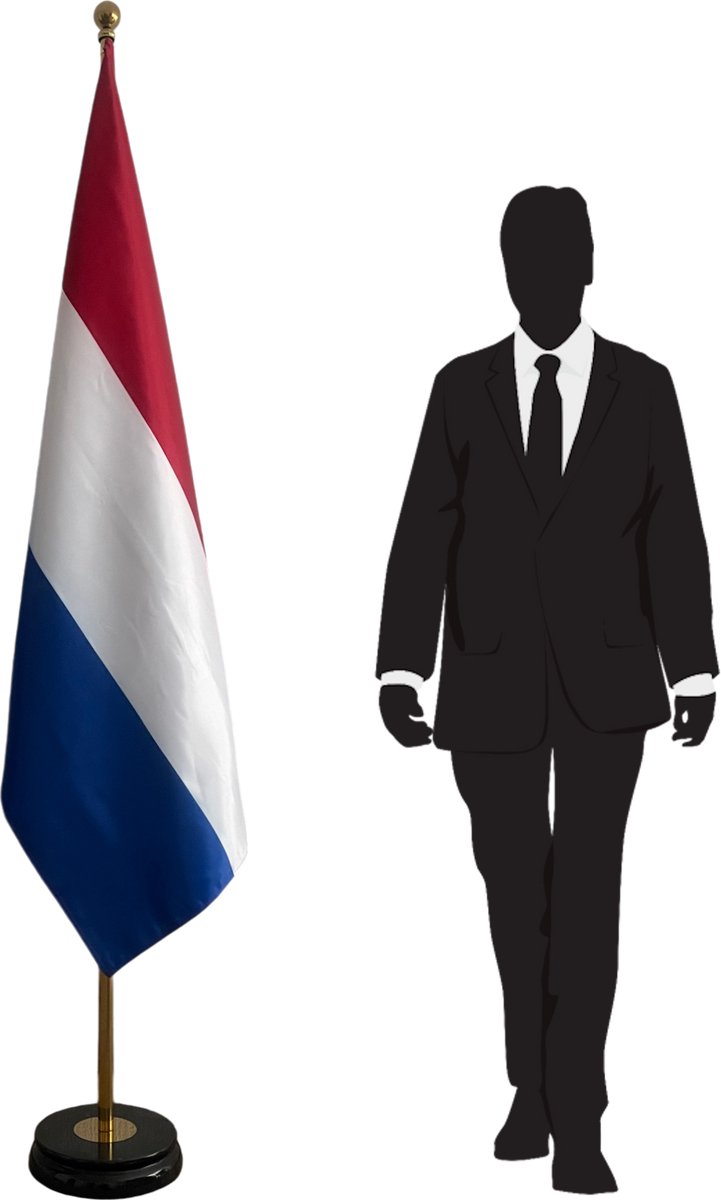 Nederlandse vlag met standaard - zwarte marmeren voet - goudkleurige telescopische mast tot 3 m - luxe vloervlag