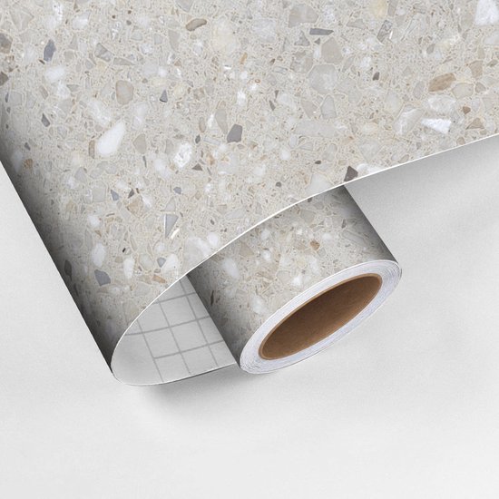 Rol behang in grijs en wit terrazzo-patroon, met rasterpatroon op de achterkant.