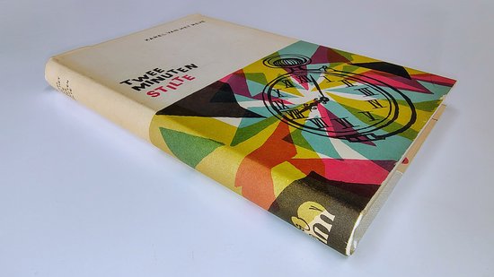 Boek 'Twee minuten stilte' met kleurrijke, abstracte geometrische patronen en een klok.
