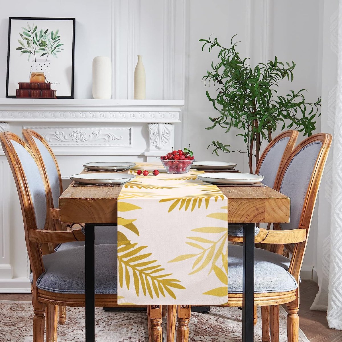 Tafelloper Polyester - Decoratieve Loper - Eettafel Decoratie - Blad Print - 40 x 140 cm - Geel