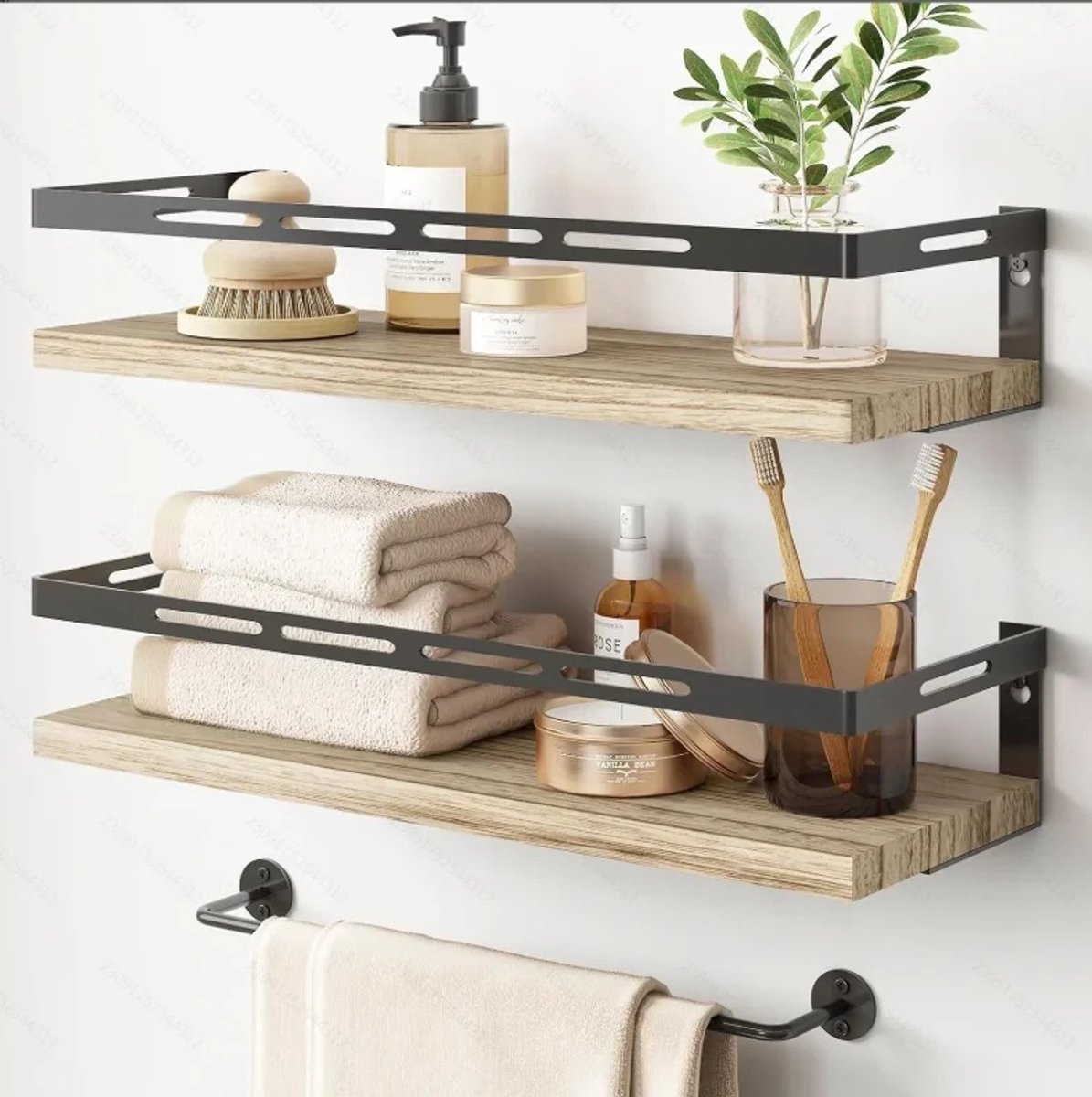 Badkamer wandplank met handdoekstang - zwevend badkamerrek voor boven toilet - naturel