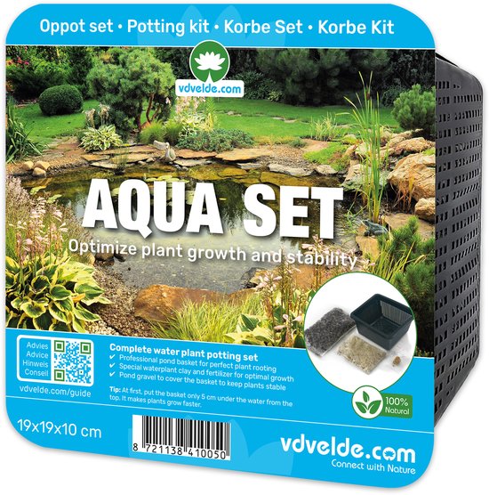 Verpakking van de 'AQUA SET' met informatie over het optimaliseren van plantengroei. De set bevat een pot, klei, grind en mest.