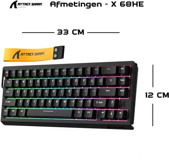 Zwart Attack Shark X 68HE toetsenbord met RGB-verlichting, 33 cm breed en 12 cm hoog.