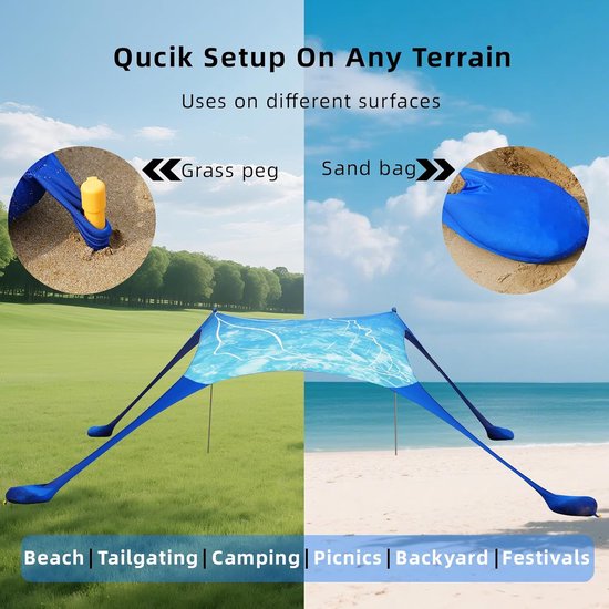 Strandtent Pop-up - Zonnetent Strand - Bescherming Tegen Zon - UPF 50+ Lycra - 200x160x160cm - Blauwe Schelp — afbeelding 4