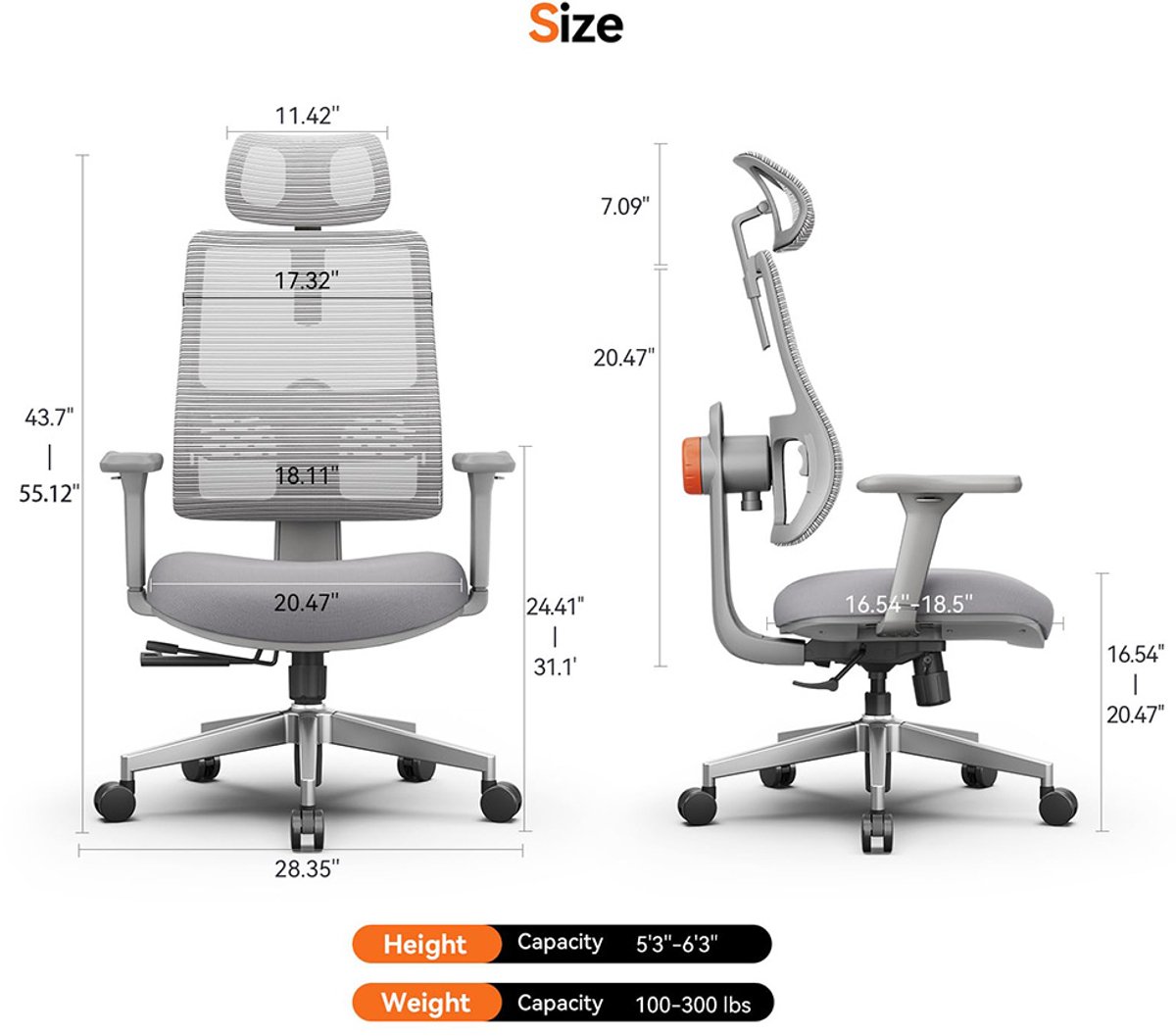 Ergonomische bureaustoel - Automatisch volgende rugleuning - Adaptieve ondersteuning - Verstelbare hoofdsteun - Grijs
