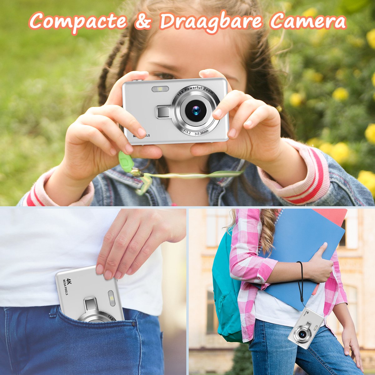 Digitale Camera 44MP - 1080P FHD Video - 2.4 Inch LCD Scherm - 16X Digitale Zoom - Compacte en Draagbare Vlogcamera - Anti Shake Functie - Inclusief 32GB SD Kaart - Zilver thumbnail 2