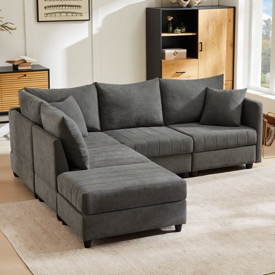 L-Bank, U-Bank Moderne Hoekbank, Modulaire Bank, 5-Zitsbank, met Ombouwbare Voetenbank, L-vormige Bank, U-vormige Bank, Geschikt voor Woonkamer, Appartement, etc.-Grijs