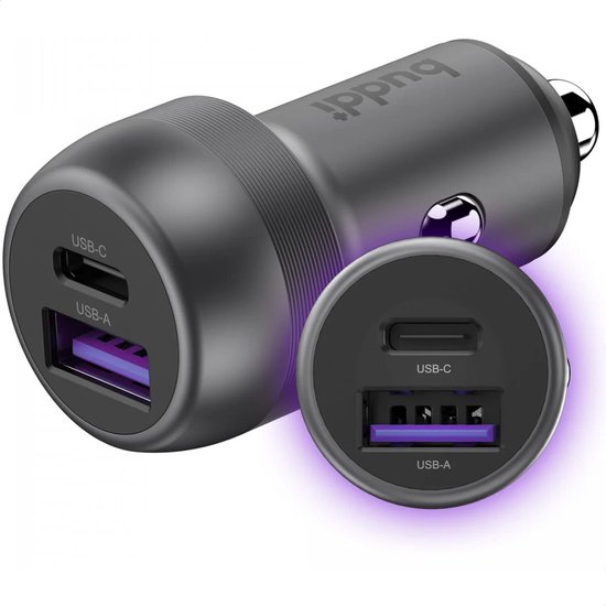 Buddi Power USB - C Autolader - USB + USB-C Poort - Met snelladen - 89W - Compact formaat - oplader voor in de auto - Geschikt voor sigarettenaansteker - 12 Volt stekker