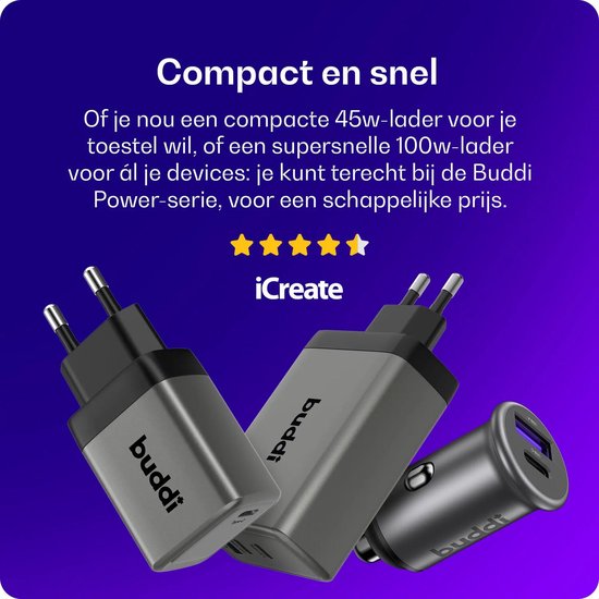 Twee Buddi opladers, een autolader en twee stekkerladers, op een donkere achtergrond. Minimalistisch design en compact formaat.