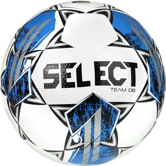 Ballon de football Select Team DB avec des motifs blancs, noirs et bleus.