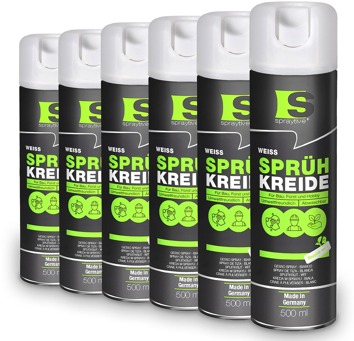 Spraytive 6x 500ml spuitkrijt wit markeerspray afwasbaar krijtspray voor tijdelijk markeren op asfalt gras en beton hoge dekking