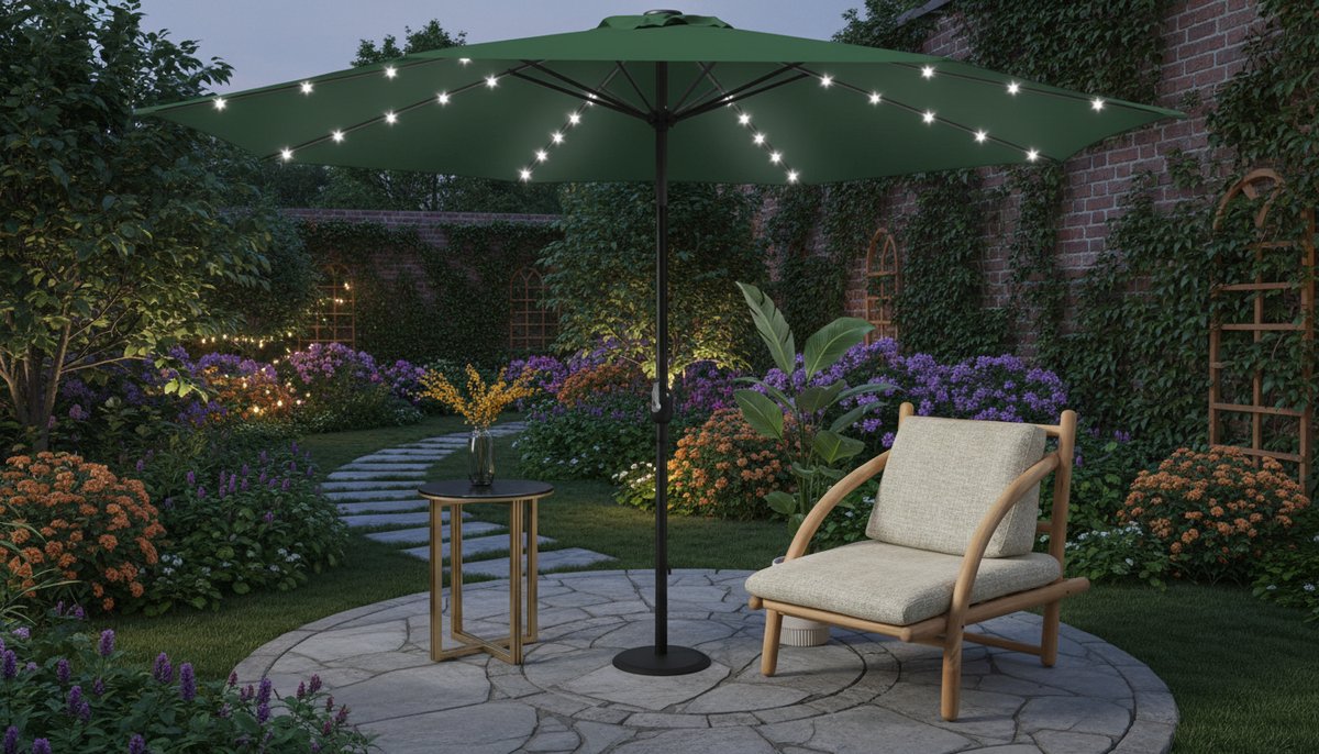 Tuinparasol Bellavero 350 cm Ø – Zonne-energie LED Parasol – UV-bescherming 50+ – Kantelbaar & Zwengel – Waterafstotend – Tuin, Balkon & Terras – Witte LED Verlichting
