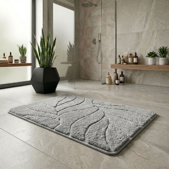 FLOORDIREKT Badmat Maris - Pluizige Badmat met Bladstructuur - Verkrijgbaar in verschillende Kleuren en Maten - Zilver - 40 x 60 cm