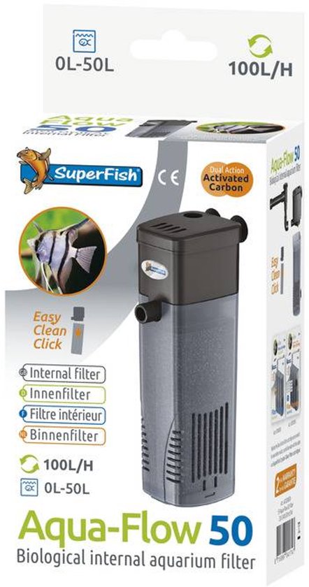 Aqua-Flow 50 aquariumfilter, 100 L/H, OL-50L. Zwart met grijze behuizing.