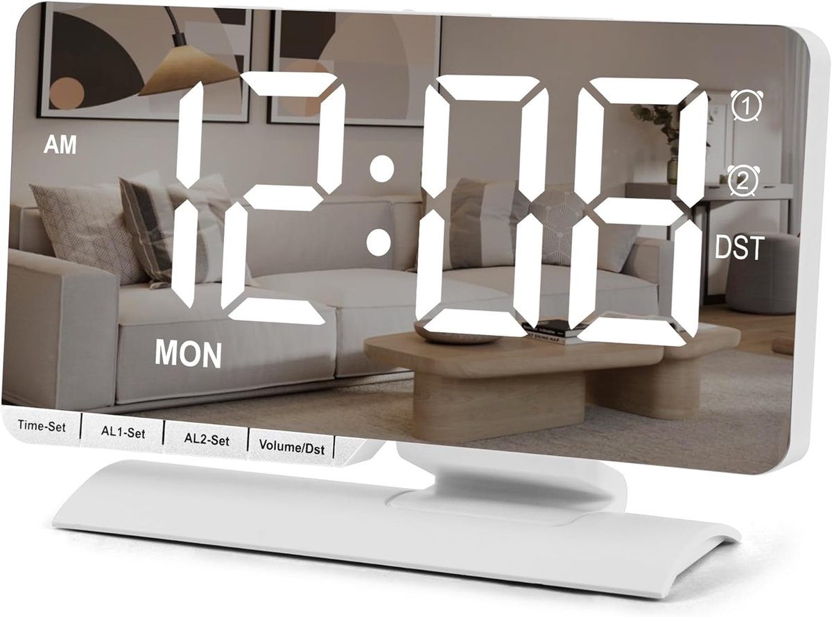 Digitale Klok - Spiegel Wekker - Bed Slaapkamer - Groot LED Display - 7.3 Inch - Wit