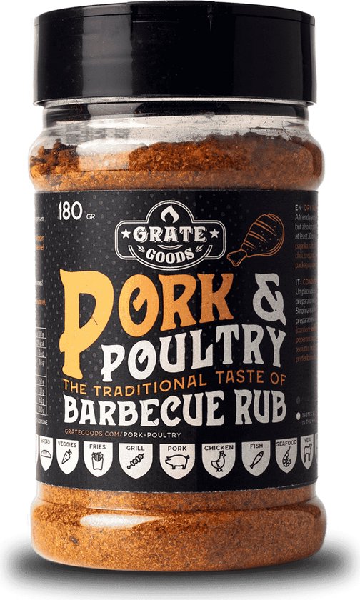 Pot met Grate Goods Pork & Poultry Barbecue Rub, 180 gr. Zwarte dop, geel en oranje etiket met tekst en iconen.