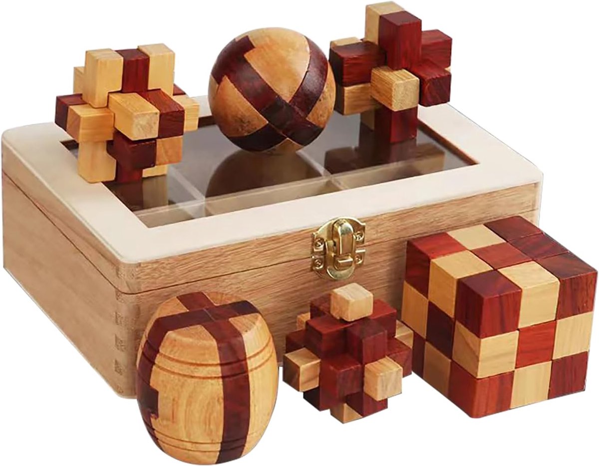 Houten Puzzel Set - Hersenkrakers IQ Test - Logisch Denken Oefenen - Set van Zes Stukken - 6x6x0.1 cm
