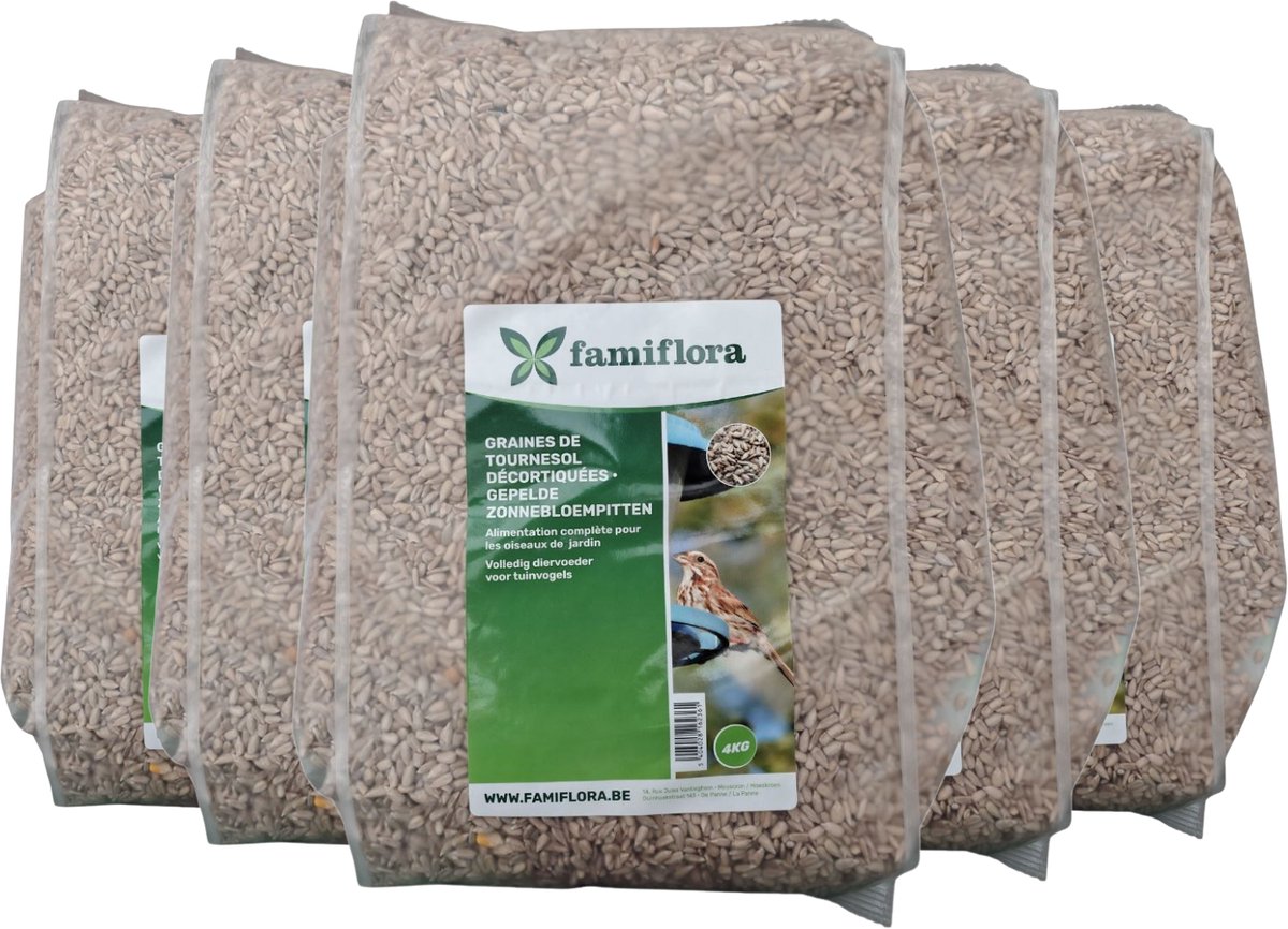 Famiflora gepelde zonnebloempitten voor tuinvogels 20KG - 5x4KG - Aanvullend diervoeder voor tuinvogels - 100% gepelde zonnebloempitten - Geen overgebleven schillen in de tuin