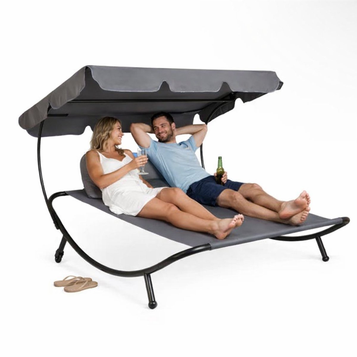 Luxe 2-persoons ligbed met zonnedak – modern outdoor daybed met verstelbare canopy (grijs)