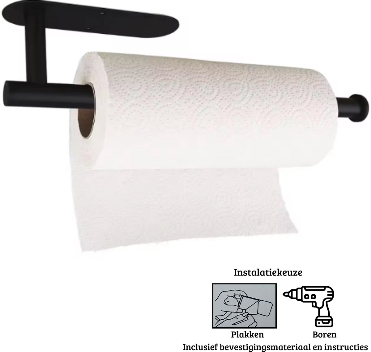 Janse® Metalen keukenrolhouder - Standaard voor keukenrol - Zelfklevend of boren - Keukenrolhouder zwart met schroeven en/of plakstrip - Keuken - Keukenaccessoires