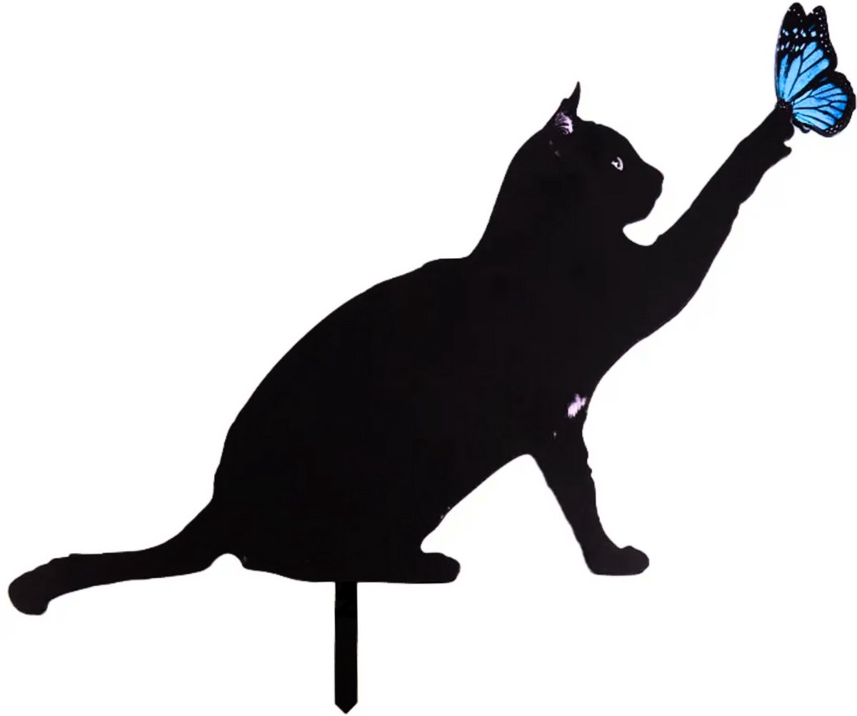 Janse® Tuinsteker poes met vlinder - Metalen tuinsteker kat - Grafdecoratie - Tuinsteker poes zwart - Tuindecoratie - Poezen silhouet - Bloempot steker - Kattenbeeld