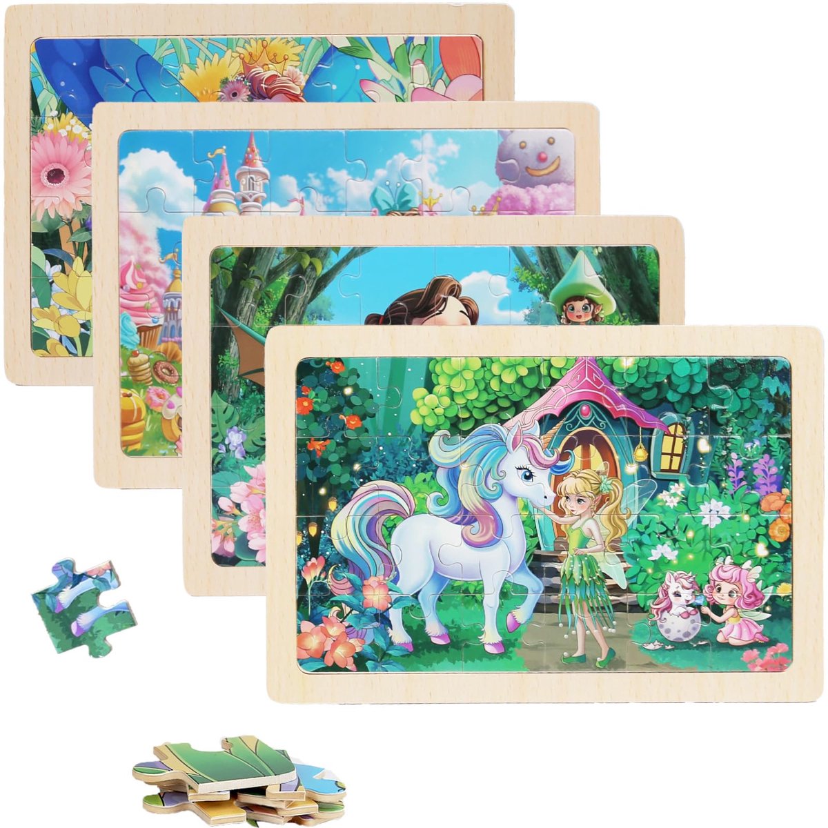 Kraftverdia Puzzel kind Houten Prinsessenserie - 4 Sets 24 stukjes Legpuzzels -Educatief Speelgoed voor Kinderen 3-6 Jaar – Kinderpuzzel
