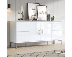 MODENUIT Dressoir - 4 Laden En 2 Deuren - Voor Woonkamer En Eetkamer - Hoogglans MDF - 150x38x59,5 Cm - Wit