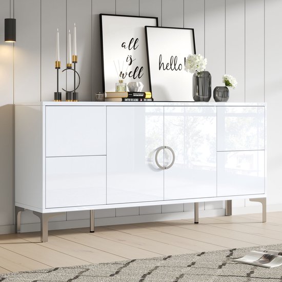 MODENUIT Dressoir - 4 Laden En 2 Deuren - Voor Woonkamer En Eetkamer - Hoogglans MDF - 150x38x59,5 Cm - Wit