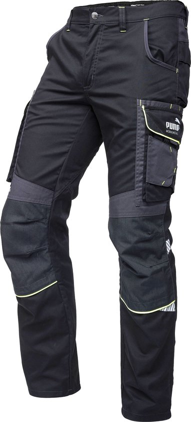 Pantalon de travail noir Puma Workwear avec détails gris et néon. Poches détaillées sur le côté.