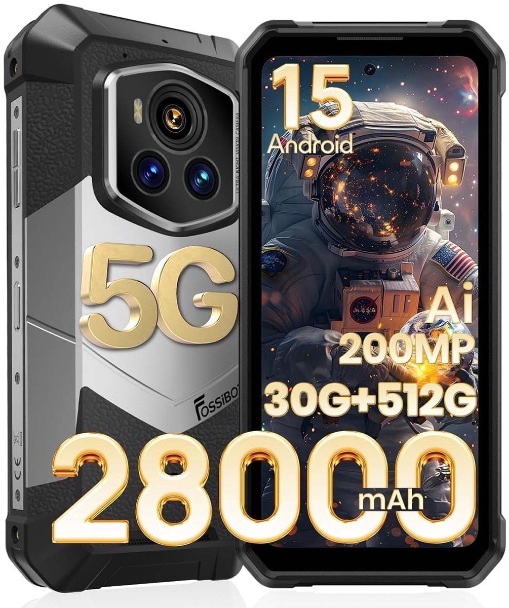 FOSSiBOT F107 Pro Robuuste Smartphone 5G - 30(12+18)GB RAM - 512GB ROM - 200MP AI-Camera - 6,95 inch FHD+ Scherm - 28000 mAh 66 W - IP68 Waterdicht Outdoor Telefoon - Android 15 - WIFI 6 - GPS,NFC,Face ID,OTG - Zwart