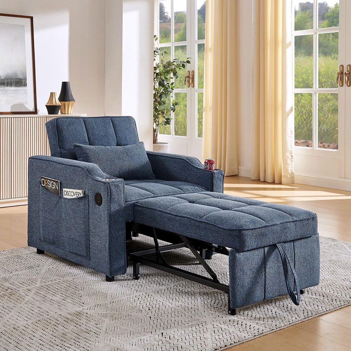 BLACKCOLORS Minimalistische 3-in-1 slaapbank, groot en elegant, luxe en luchtige stijl, uitschuifbaar ontwerp, USB-oplaadfunctie, perfect voor een dutje, marineblauw