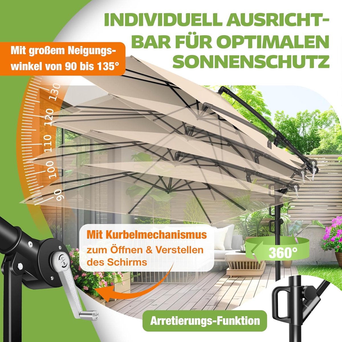 Parasol 250 x 250 cm Rechthoekig met Zwengel, Kantel- & 360° Verstelbare Schaduw – UV50+ Zonbescherming, Waterafstotend, Aluminium Frame, Inclusief Beschermhoes – Balkon, Tuin & Terras – Beige – Laura