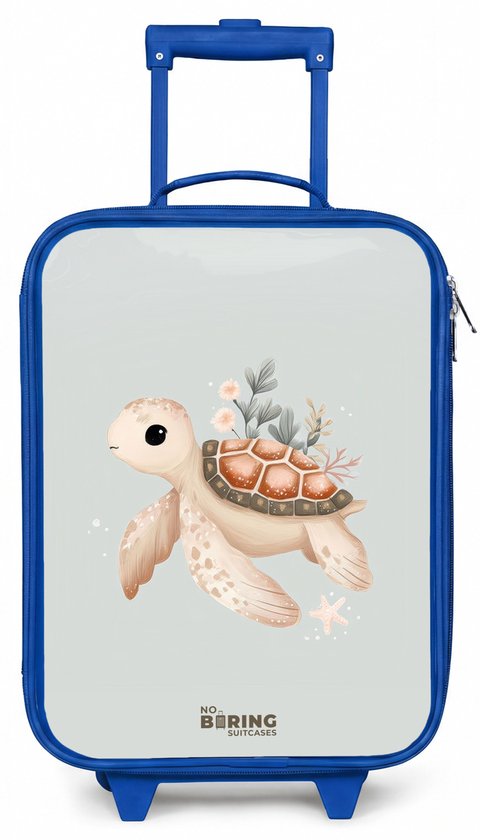 NoBoringSuitcases.com® - Kinderkoffer blauw - Kindertrolley jongen - Bruine zeeschildpad in pastel onderwaterwereld - Koffer kind lichtgewicht - Reiskoffer trolley voor kinderen - Koffertje met lichtgevende wieltjes - Rolkoffer