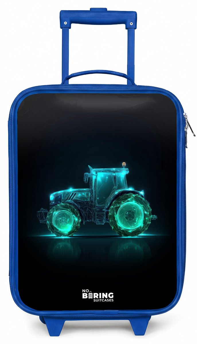 NoBoringSuitcases.com® - Kinderkoffer blauw - Kindertrolley jongen - Neontractor op zwarte ondergrond - Koffer kind lichtgewicht - Reiskoffer trolley voor kinderen - Koffertje met lichtgevende wieltjes - Rolkoffer