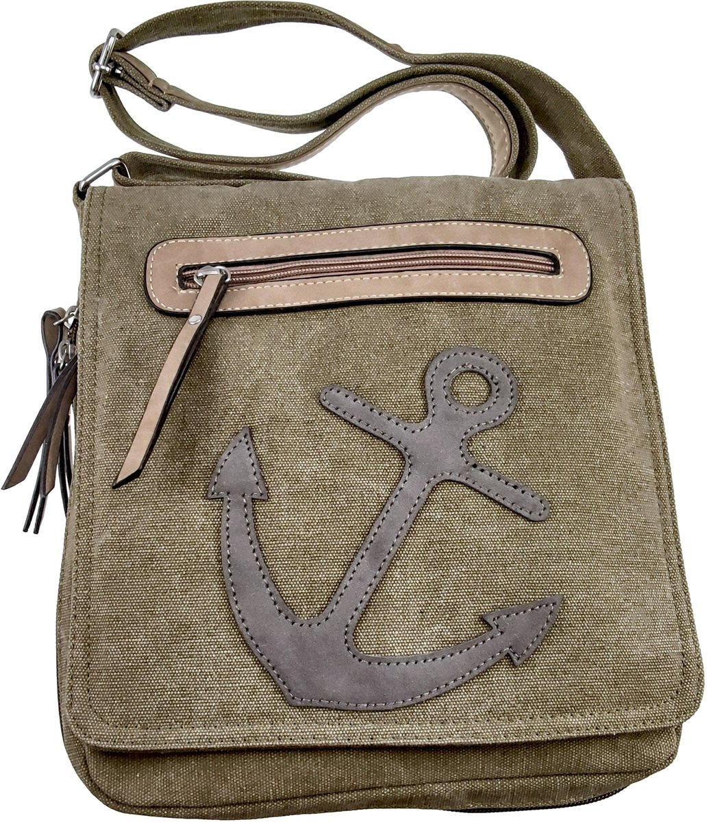 Schoudertas Groen Canvas met Anker Design, Urban Crossbodytas 28 x 26 x 5 cm, Verstelbare Schouderband – Dames
