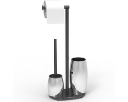 LOUGEO® Toiletborstel WC Rolhouder Staand 3-in-1 - Chroom - Incl. 14 Geurtabletten - Anti Spetter Design - Zelfreinigend - Losstaande RVS Wc Rolhouder - Toiletrolhouder - Wc borstel