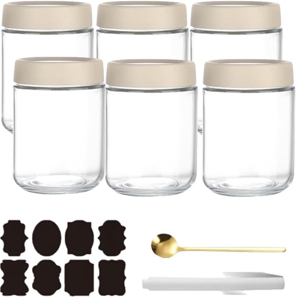 Verte Overnight Oats Potjes - Potjes voor Overnight Oats - Potjes voor Overnight Oats met Deksel - Maaltijdvoorbereiding - Herbruikbare Weckpotten voor Zelfgemaakte Jam - Mason-Potje met Lepel - Etiket - Wit - 500 mL - 6 Stuks