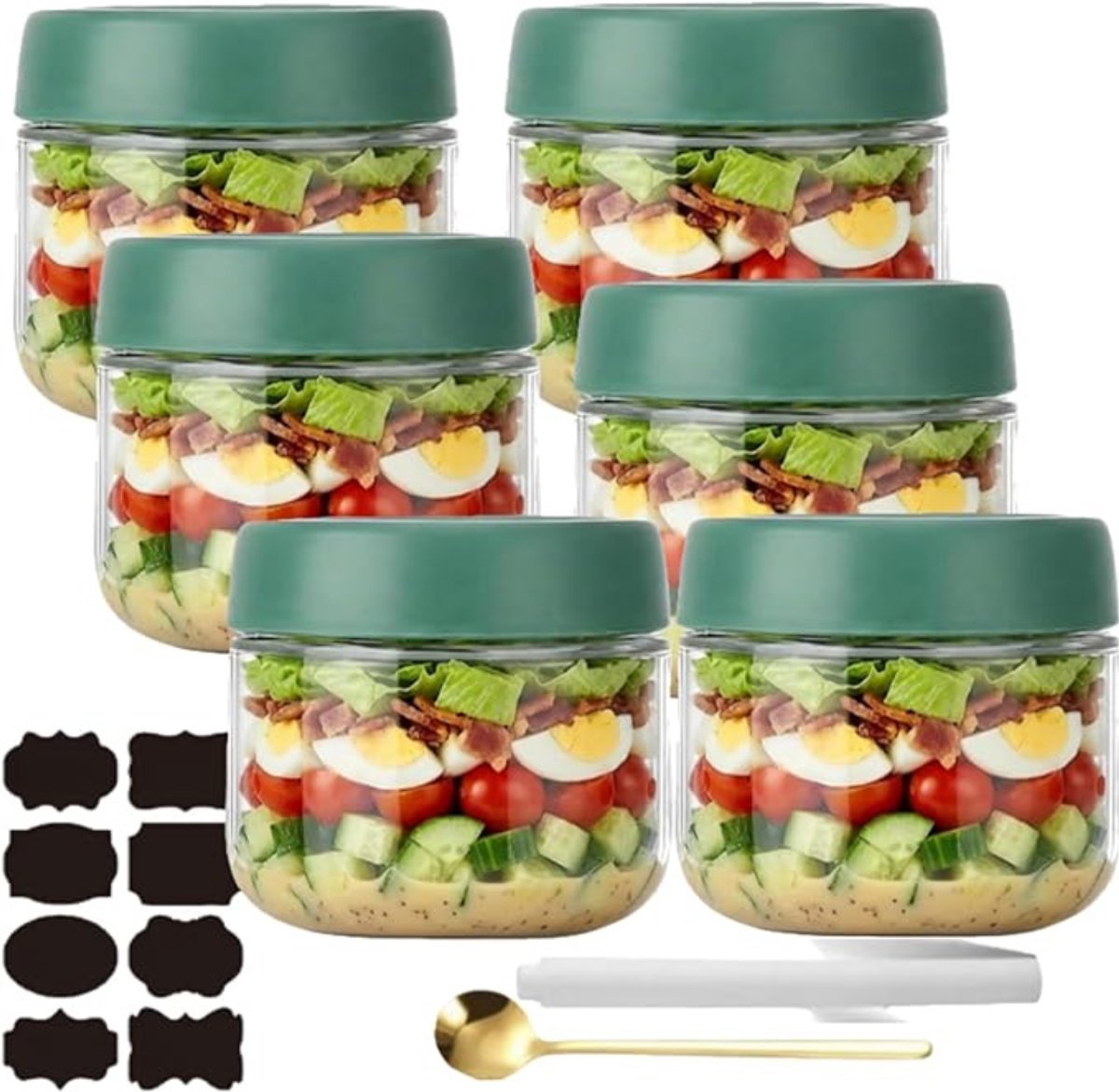 Verte Overnight Oats Potjes - Potjes voor Overnight Oats - Potjes voor Overnight Oats met Deksel - Maaltijdvoorbereiding - Herbruikbare Weckpotten voor Zelfgemaakte Jam - Mason-Potje met Lepel - Etiket - Groen - 300 mL - 6 Stuks