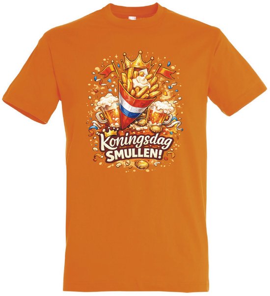 Koningsdag Smullen T-Shirt – Oranje – met Friet en Bier – Maat S - Livingstickers