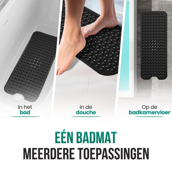 Zwarte antislip badmat gebruikt in een bad, douche en op de badkamervloer. Diverse toepassingen.