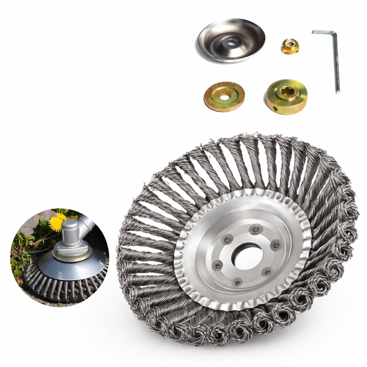 AUM® Onkruidborstel voor Bosmaaier – 20 cm Stalen Voegenborstel – Universele Onkruidverwijderaar met Adapterset – Geschikt voor Grastrimmer – Max 10.000 t/min