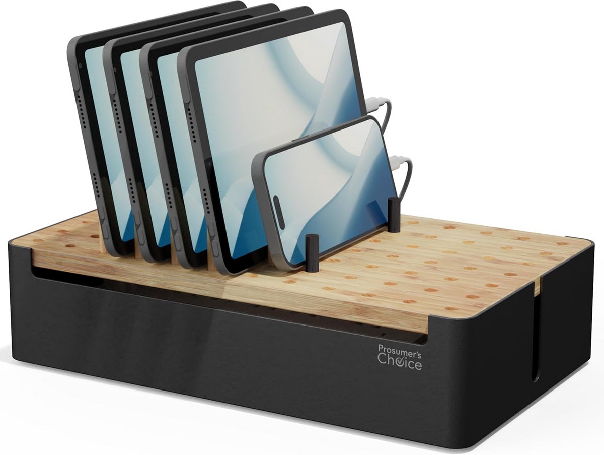 Houten Laadstation Organizer met 5 Sleuven voor Telefoons en Tablets - Kabelbeheer Doos